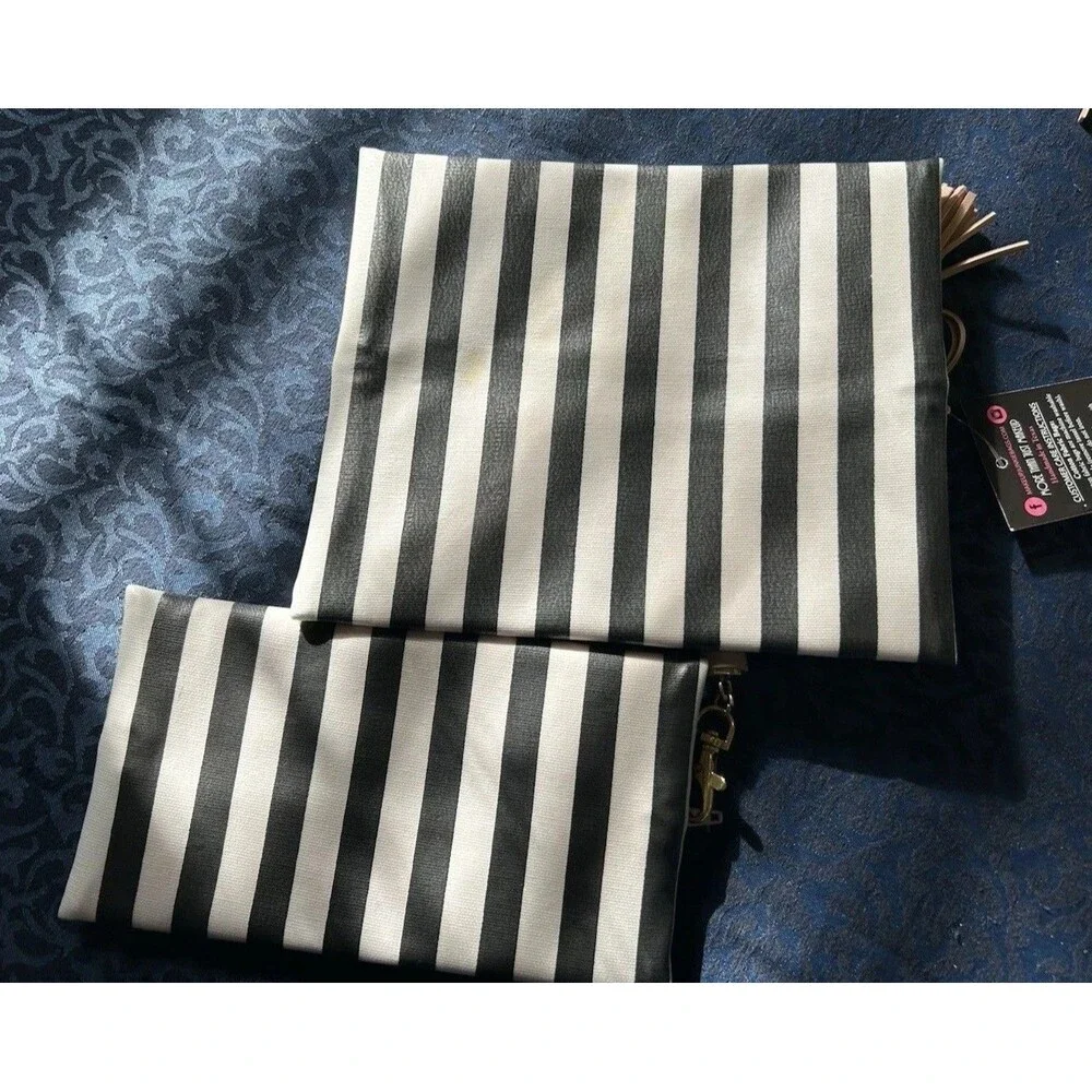 Set Of 2 Makeup Mommy Junkie Bags - Black And White Stripe - Zippered - Vinyl